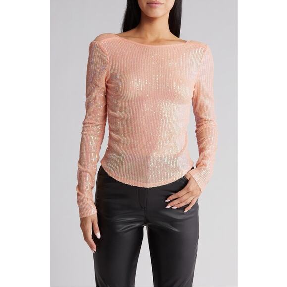 Free People Tops - Free People Womens S Unapologetic Sequin Long Sleeve Top in Peach NEW